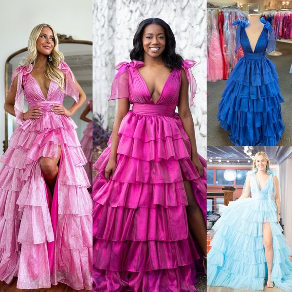 Abito da ballo fucsia 2k24 con volant in organza rosa con scollo a V profondo da donna preadolescente abito da spettacolo invernale da sera formale cocktail party matrimonio ospite mantella rossa passerella fessura di gala