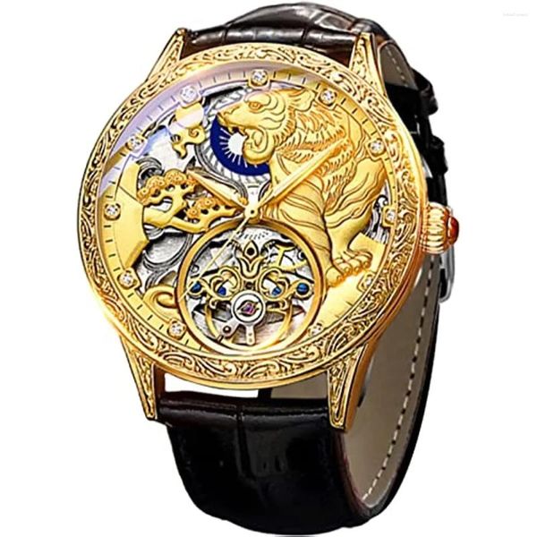 Orologi da polso Orologio da uomo con tourbillon di lusso in oro con tigre intagliata con fasi lunari, carica automatica, teschio meccanico con tatuaggio retrò