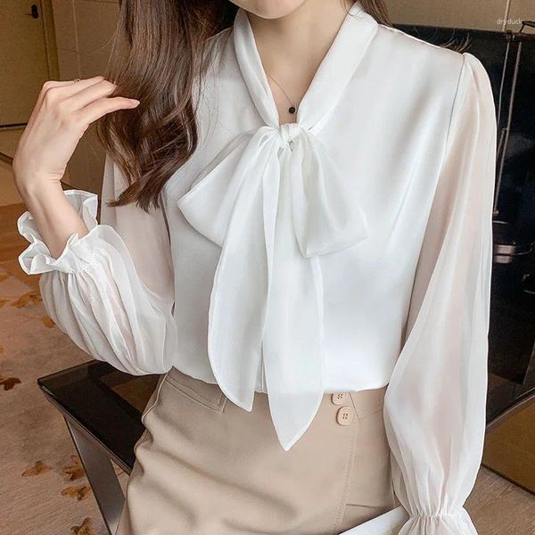 Kadın bluzları ve işe gidip gelme fular yaka şifon gömlek 2023 Giyim zarif moda Kore düz renkli uzun kollu bluz kadın