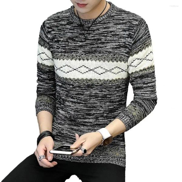 Мужские свитера, осенний свитер, мужской вязаный эластичный пуловер с круглым вырезом и длинным рукавом с геометрическим принтом, облегающий крой в этническом стиле
