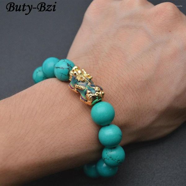 Strand Fengshui Metal Pixiu Charm Blue Stone Round Beads Bracciale elasticizzato Moda Energia Gioielli da uomo