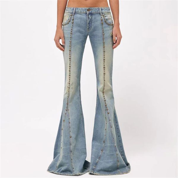 Damen Jeans Jeans 2023 Sommer Nietenverzierte Schlaghose Korean Fashion Cotton Denim Slim Fit Hose mit weitem Bein 230422