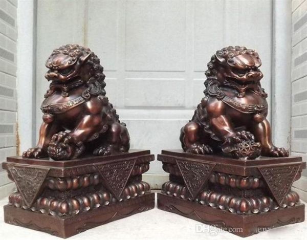 Coppia di statue da collezione 18 Cina Bronzo Puro Rame Tutelario Porta Guardiano Fu Foo Dog Lion Coppia 235i6535172