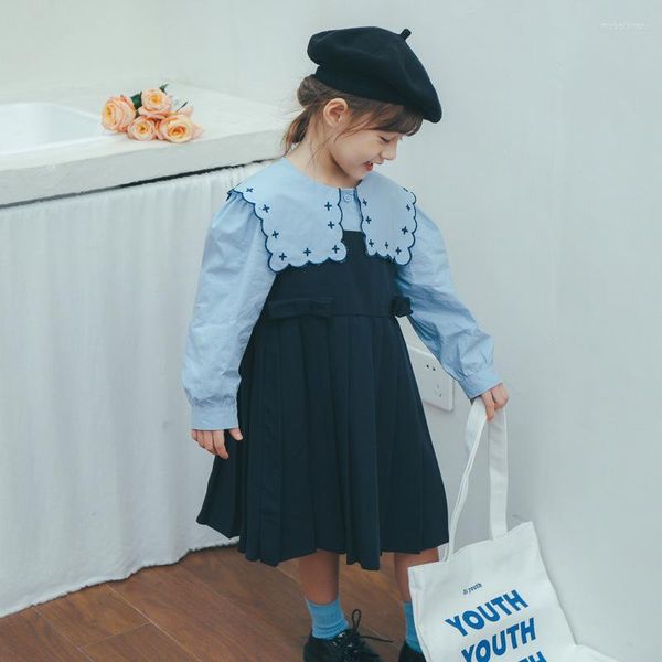 Set di abbigliamento YourSeason 2023 Abbigliamento per bambini Completo per bambina Colletto per bambola blu e top stile preppy Set di due pezzi alla moda Sospendi gonne O collo