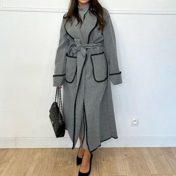 Erkek kazakları kapitone kadınlar için uzun trençkot ceket gri yün harmanlar Beled açık dikiş palto moda banliyö sokak giysileri 2023
