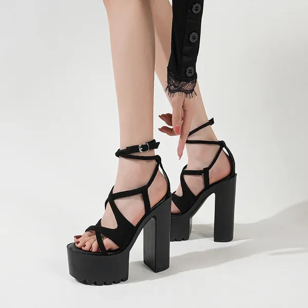 Sandalet 14cm süper yüksek topuklu platform açık ayak parmağı büyük boy 34-43 seksi ayak bileği kayış kadın ayakkabıları