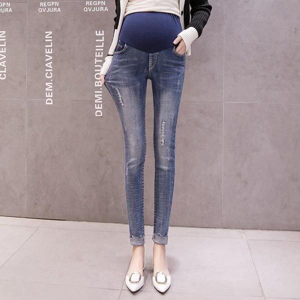 Maternidade Passagem 2023 Jeans de jeans de jeans de moda de outono calças de lápis para mulheres grávidas Gravidez da cintura elástica da barriga