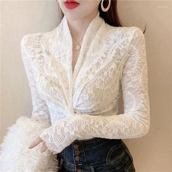 Blusas femininas blusa feminina 2023 manga longa camisa de renda branca coreia fina elegante pérola botão flor sexy malha superior roupas de escritório