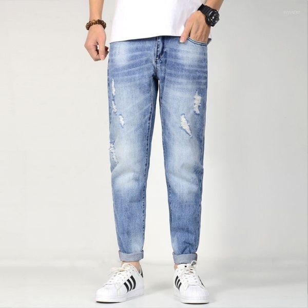 Мужские джинсы разорванные джинсовые растягиваемые карманные карманные синий конус. Случайный хлопок хип -хоп джинсовой ткани брюки бегают мужчины