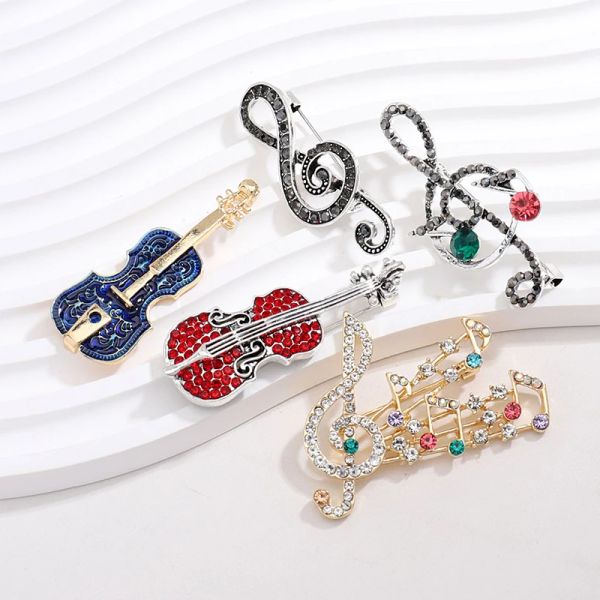 Notas musicais criativas strass violino broche feminino cristal lapela pinos cachecol fivela colar jóias presentes