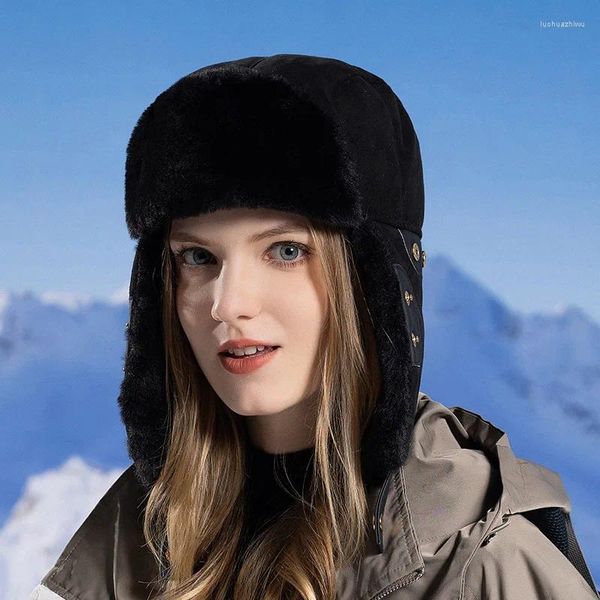 Beralar Termal Sahte Kürk Kış Şapkaları Kadınlar İçin Erkekler Kalın Sıcak Bombacı Şapk Rüzgar Geçirmez Kar Kayak Kapakları Erkek Açık Peluş Rusya Kulak Kepi