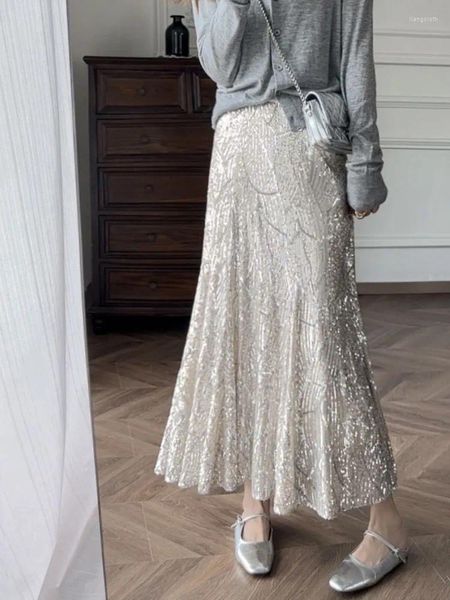 Юбки Korobov, серебряная юбка трапециевидной формы с пайетками, винтажная женская длинное платье, корейская модная одежда Y2k, Faldas Para Mujeres