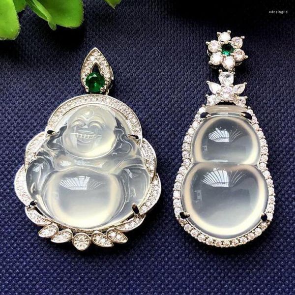 Ketten natürliche weiße Jade Buddha High Grade A Myanmar Jadeit Smaragd Zirkon Kürbis Charm Feng Shui Anhänger Free Chain Halskette