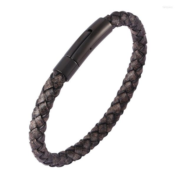 Braccialetti con ciondoli Gioielli semplici vintage da uomo e da donna Bracciale da polso in pelle intrecciata nera anticata con chiusura in acciaio inossidabile