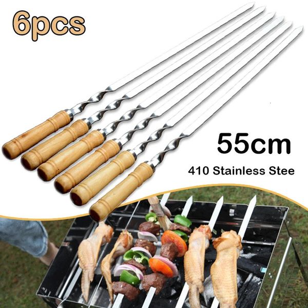 Acessórios para ferramentas de churrasco 55cm grande espeto de churrasco reutilizável vara de kebab de aço inoxidável com alça de madeira ferramenta de cozinha de piquenique de acampamento ao ar livre 231122