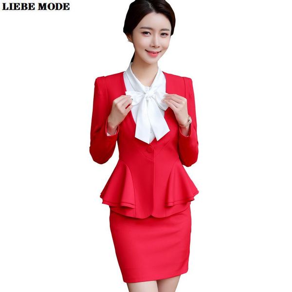 Zweiteiliges Kleid Damen Schwarz Weiß Rot Bürokleidung Rock Anzug Rüschen Blazer Hemd Kurz 3er Set Für Damen Formal Business Casual