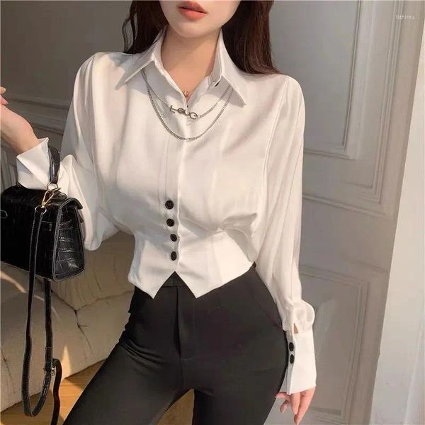 Camicette da donna Camicetta da donna Top coreano 2023 Ropa Mujer Camicie a tunica Elegante colletto rovesciato Camicia a maniche lunghe da donna Chic Blusas bianche