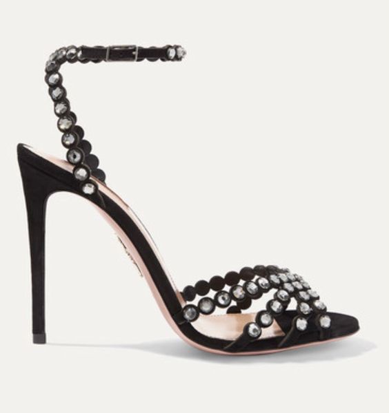 2024 Aquazzura de salto alto para sandálias de cetim feminino Designer strass cravejado sapato de salto de alta qualidade Sandália de sola de couro anormal sandálias de salto alto 35-41 tamanho