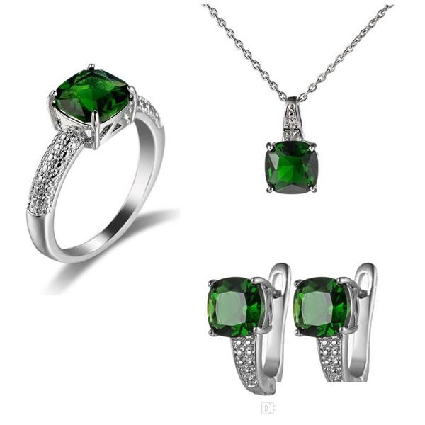 Andere Schmucksets Luckyshine Neue Haken Ohrringe Ringe Anhänger Sets Quadratischer grüner Quarz Edelsteine Sier Halskette USA Australien Feiertagsparty Dheri