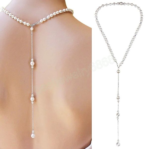 Korean Romance Nachahmung Perle Schlüsselbeinkette Halskette Rückenkette Für Frauen Sexy Lange Quaste Anhänger Körperkette Hochzeit Zubehör