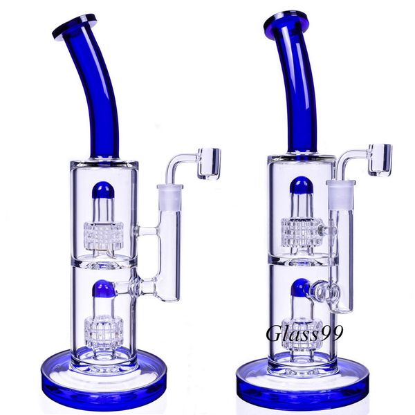 Blue Stereo Matrix Perc Narghilè Bong Tubi d'acqua in vetro spesso Doppia camera Dab Rig Bubblers Braccio Albero Percolatore Fumo Shisha Accessorio con Banger 14mm