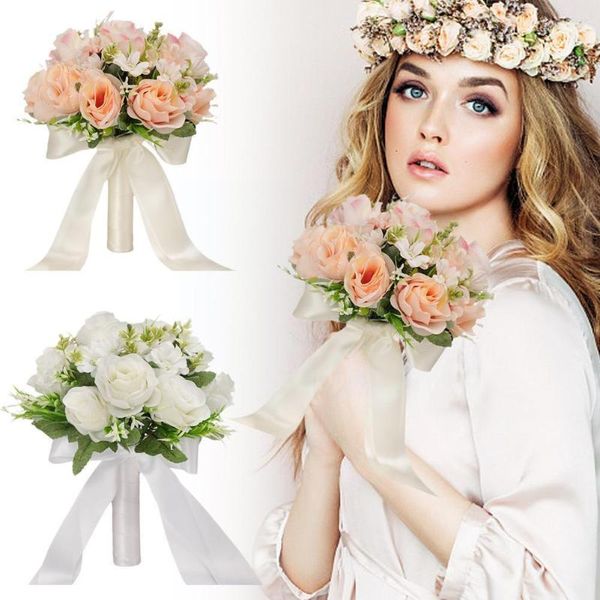 Fiori decorativi Bouquet da sposa damigella d'onore da sposa Accessori per rose da sposa artificiali in seta bianca Mariage Props H4E2