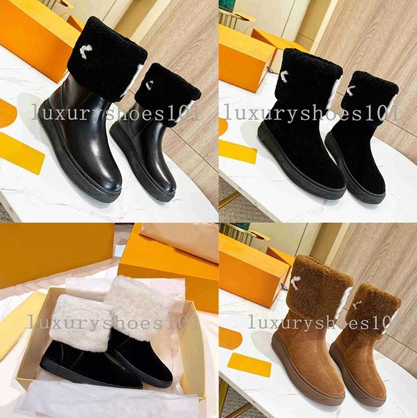 Marca designer botas femininas neve gota plana sapatos casuais macio inverno quente ao ar livre meninas pele de carneiro marrom preto sapato de pelúcia pele meia tornozelo bota