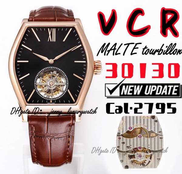 Relógio masculino de luxo de videocassete 30130 Malte Tourbillon Watch, 38x48mm, movimentação mecânica de New Cal.2795. Espelho de safira, barril de vinho, preto dourado