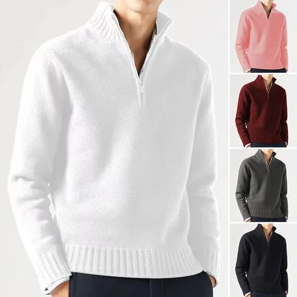 Suéter masculino outono inverno meio aberto zíper design suéter casual sólido pulôver engrossado quente malha