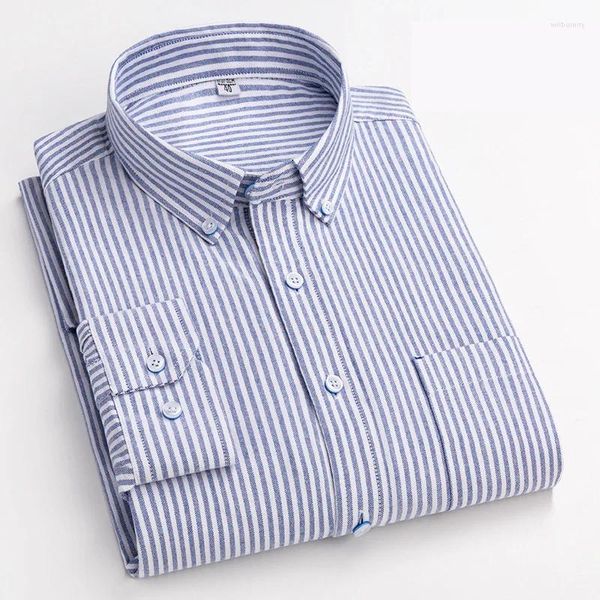 Camisas de vestido masculinas de alta qualidade Oxford girado camisa de manga comprida sólida algodão fino encaixe negócios casual listrado xadrez