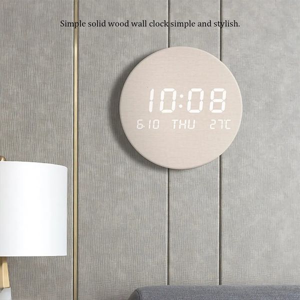 Relógios de parede Relógio Silencioso Running Date Display LED Wallmounted Bateria Alimentado Decorativo Estilo Simples Alarmes Termômetro 231122