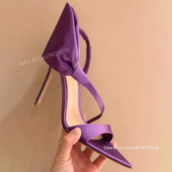 Sandali sexy in raso con fiocco viola donna scarpe a punta aperte con cinturino posteriore tacchi alti a spillo 2023 scarpe eleganti estive da sera 9981