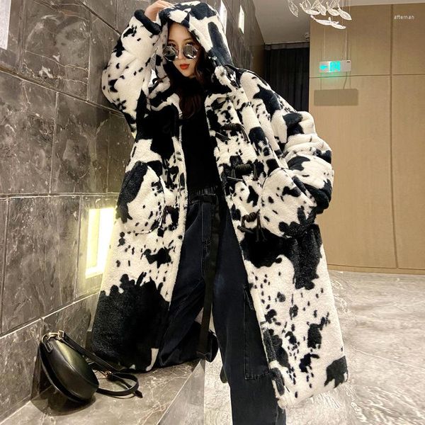 Женский мех 2023 зимняя мода Средняя длинная длинная капюшона волосы с длинными рукавами густые теплое пальто для мужчин Женщины Tide H217