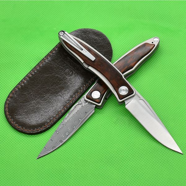 Заводская цена A1896 EDC Pocket Folding Nofge M390/Damascus Steel Blade Titanium Lalloy/Grinkwood Ручка маленькие подарочные ножи с кожаной оболочкой