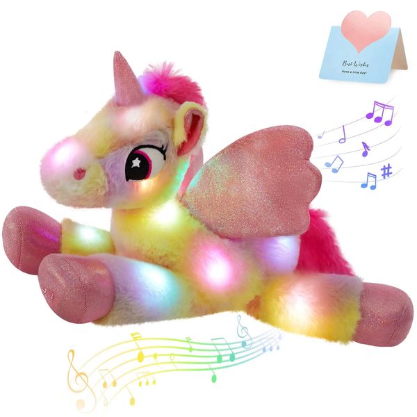 Plush Light Up brinquedos arco-íris LED brinquedos musicais almofadas unicórnio canção de ninar macio animais de pelúcia presente de aniversário para crianças meninas brinquedo luminoso 231123