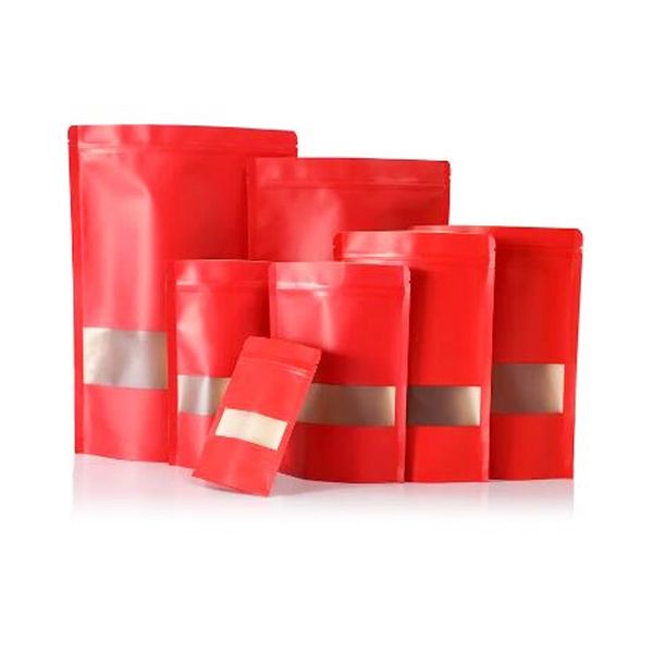 Dicke rote Kraftpapier-Stand-up-Selbstsiegelbeutel mit Fenster, heißversiegelbare Süßigkeiten-Kaffee-Snacks, Bastelpapier-Verpackungsbeutel LX6249