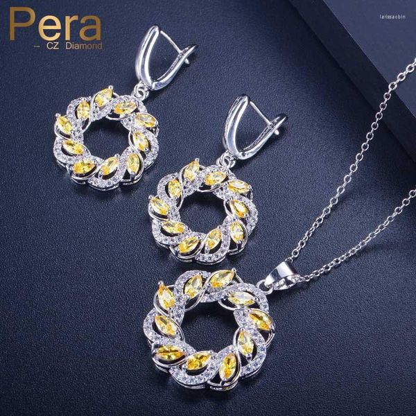 Halskette Ohrringe Set Pera Hochwertiger Zirkonia Micro Pave Big Hollow Yellow Round Drop Und für Damen Mom Friends J252