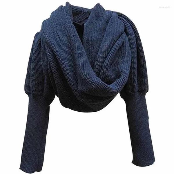 Lenços moda inverno quente cor sólida malha envoltório cachecol crochê grosso xale capa com manga para mulheres e homens leeves