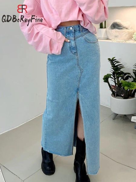 Röcke Blau Frauen Lange Rock Denim Koreanische Mode Vintage Casual Hohe Taille Gerade Knöchellangen Schlitz Maxi Jean Für 2023