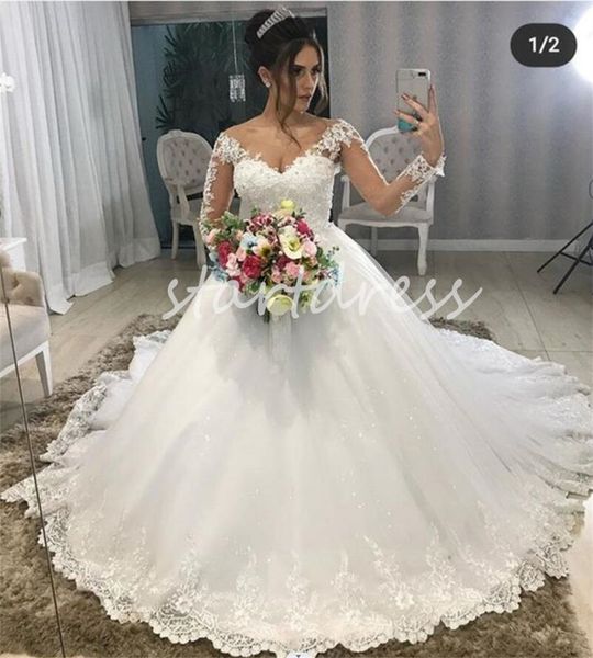 Princesa vestido de baile branco vestido de casamento com apliques renda sexy decote em v manga longa sem costas jardim país fazenda vestido de noiva igreja vestidos de novia robe mariage 2024