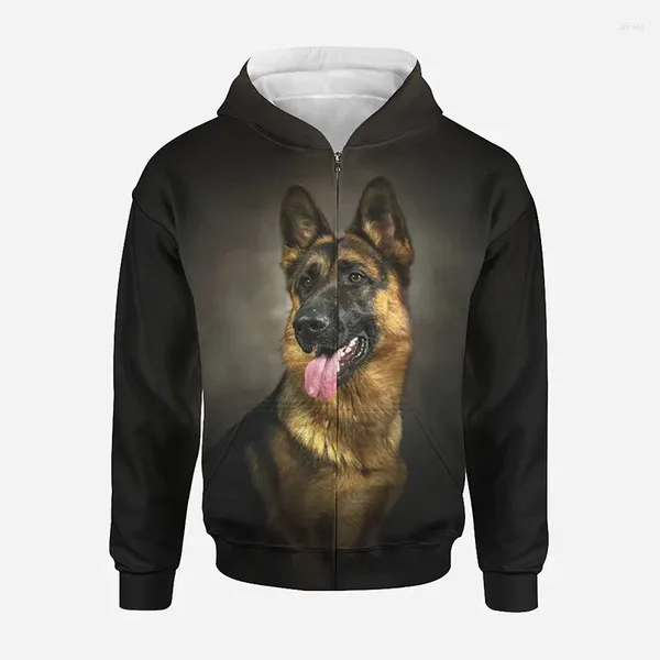 Hoodies masculinos pastor alemão cão zip up hoodie roupas masculinas 3d filhote de cachorro doggy impresso feminino harajuku moda crianças pullovers com capuz