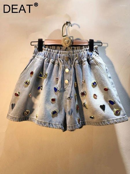 Shorts femininos mulheres denim borda de ouro gemstone elástico cintura alta cordão solto perna larga calças curtas 2023 outono fashion29l85