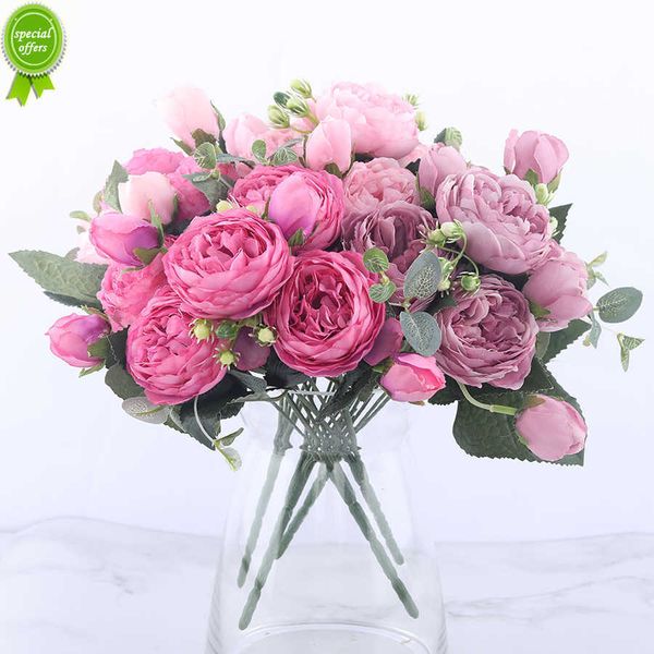 Nuovo Fiori artificiali di seta rosa di seta rosa da 30 cm bouquet 5 grande testa e 4 boccioli fioè finti a buon mercato per la decorazione del matrimonio in casa interno