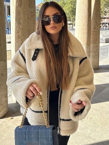 Jaquetas femininas ZBZA Faux Fur Biker Jacket Outono Inverno Manga Longa Lapela Gola Zip Bolsos Engrossar Casaco Feminino Outerwear Quente 231122