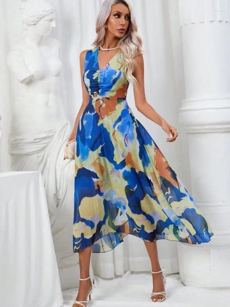 Casual Dresses Sommer für Frauen 2023 Korean Elegant Print Maxi Einteiliges Kleid Mode Abendkleid Party Lady Fairycore Kleidung