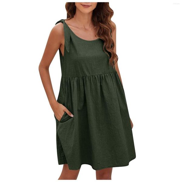 Vestidos casuais de verão feminino sem mangas cores sólidas