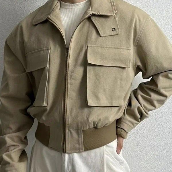 Jaquetas masculinas primavera outono sólido curto workwear lapela bonito casual solto jaqueta de rua alta masculino topos casaco roupas masculinas