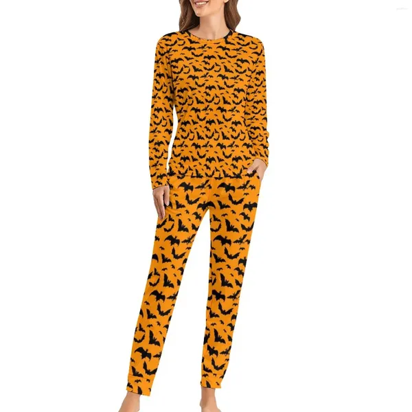 Mulheres sleepwear pijamas góticos escuros mulheres halloween morcegos imprimir linda manga longa duas peças sleep set oversized home terno presente