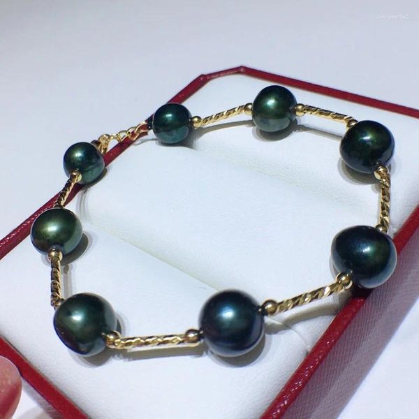 Bracciale con perle nere verde pavone filo 9-10 mm personalizzato