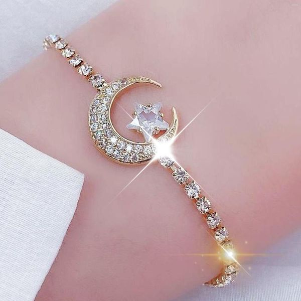 Braccialetti di collegamento Ins 14k Placcato oro reale Micro intarsiato Lustro Braccialetto di zirconi Luna Stelle Moda Accessori squisiti Regalo